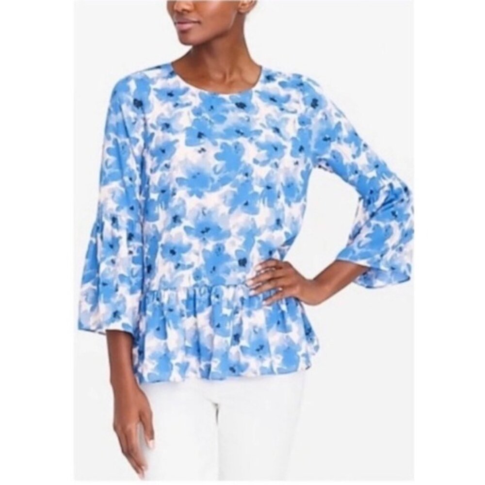 J. Crew XS Blue Floral Peplum Blouse 3/4 Bell Sleeves 100%‎ Polyester